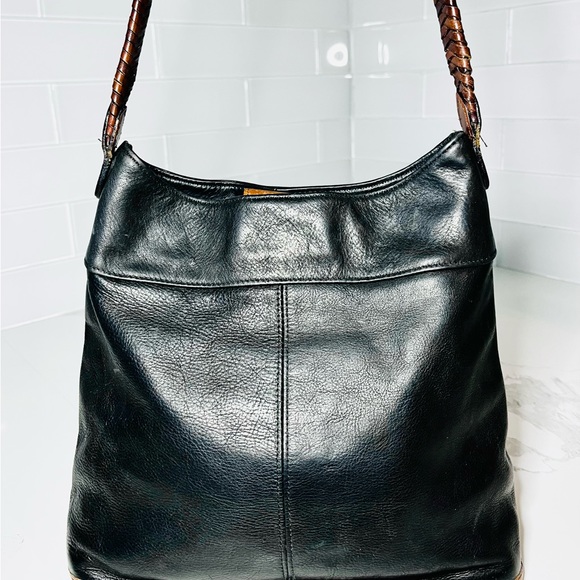 FOSSIL Black Genuine Leather Western Shoulder Bag Rope Woven Boho - Picture 3 of 9